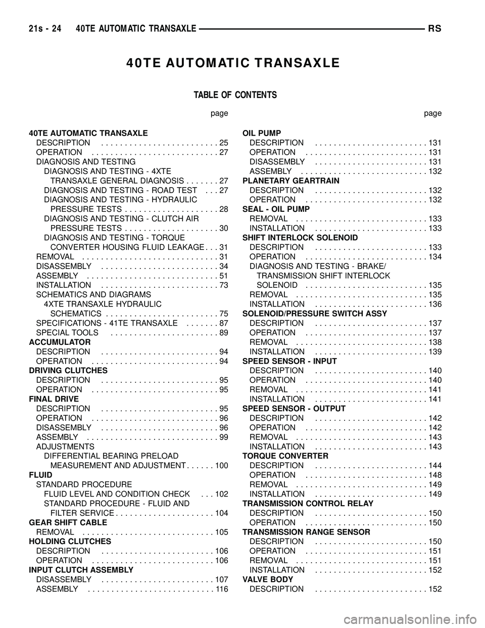 DODGE TOWN AND COUNTRY 2004 Service Manual 40TE AUTOMATIC TRANSAXLE
TABLE OF CONTENTS
page page
40TE AUTOMATIC TRANSAXLE DESCRIPTION .........................25
OPERATION ...........................27
DIAGNOSIS AND TESTING DIAGNOSIS AND TESTIN DODGE TOWN AND COUNTRY 2004 Service Manual 40TE AUTOMATIC TRANSAXLE
TABLE OF CONTENTS
page page
40TE AUTOMATIC TRANSAXLE DESCRIPTION .........................25
OPERATION ...........................27
DIAGNOSIS AND TESTING DIAGNOSIS AND TESTIN