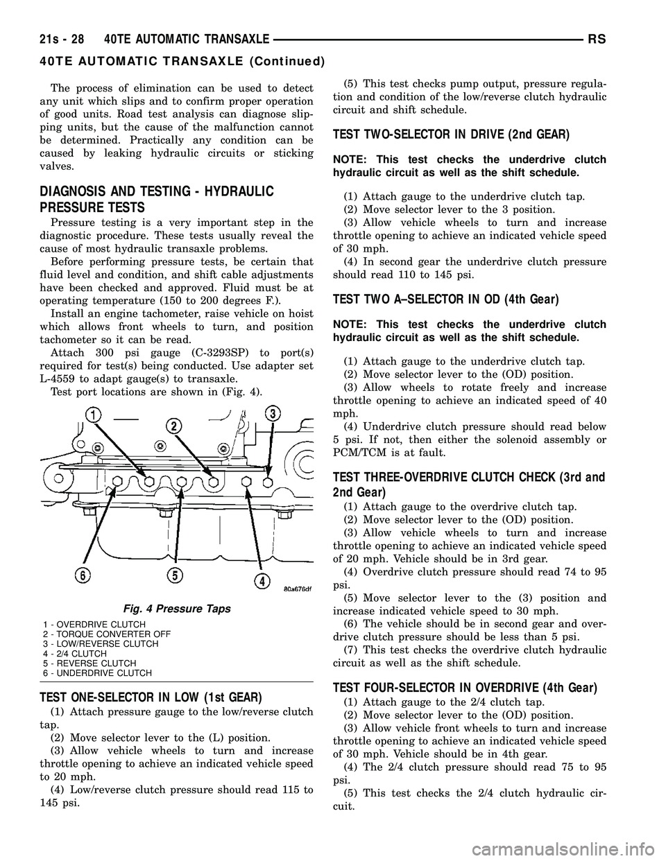 DODGE TOWN AND COUNTRY 2004 Service Manual The process of elimination can be used to detect
any unit which slips and to confirm proper operation
of good units. Road test analysis can diagnose slip-
ping units, but the cause of the malfunction DODGE TOWN AND COUNTRY 2004 Service Manual The process of elimination can be used to detect
any unit which slips and to confirm proper operation
of good units. Road test analysis can diagnose slip-
ping units, but the cause of the malfunction