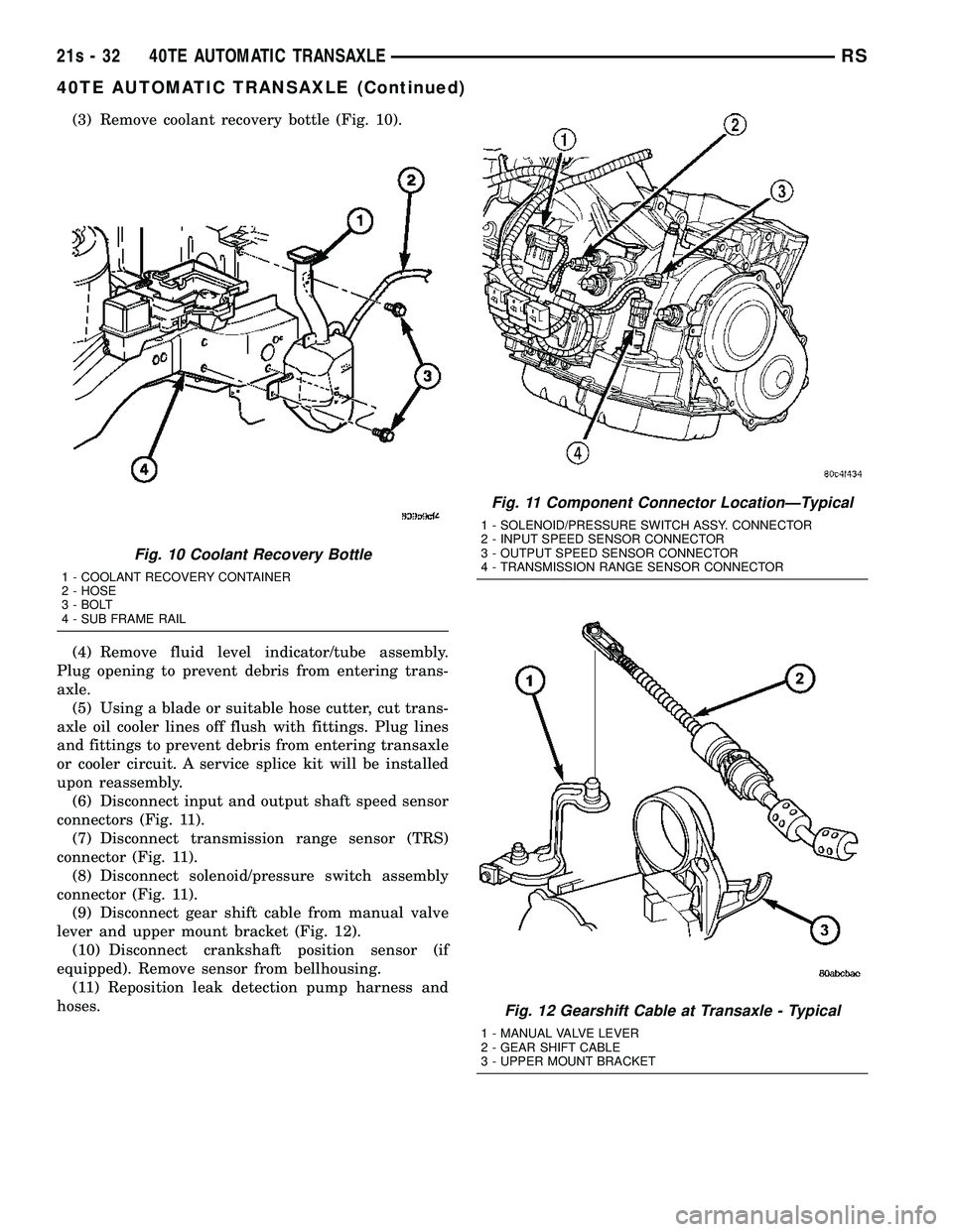 DODGE TOWN AND COUNTRY 2004 Service Manual (3) Remove coolant recovery bottle (Fig. 10).
(4) Remove fluid level indicator/tube assembly.
Plug opening to prevent debris from entering trans-
axle. (5) Using a blade or suitable hose cutter, cut t DODGE TOWN AND COUNTRY 2004 Service Manual (3) Remove coolant recovery bottle (Fig. 10).
(4) Remove fluid level indicator/tube assembly.
Plug opening to prevent debris from entering trans-
axle. (5) Using a blade or suitable hose cutter, cut t