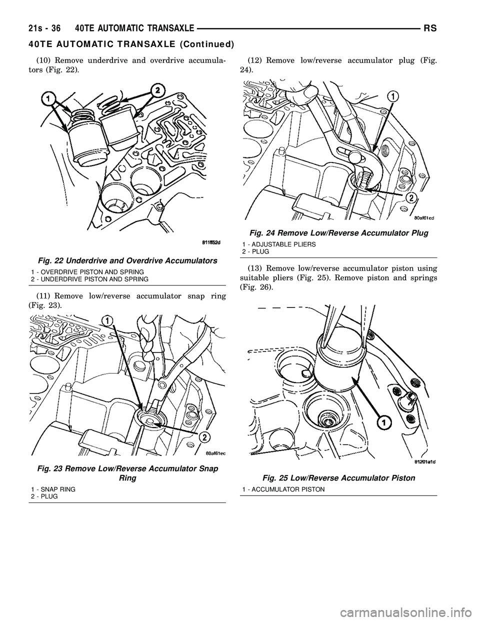 DODGE TOWN AND COUNTRY 2004 Service Manual (10) Remove underdrive and overdrive accumula-
tors (Fig. 22).
(11) Remove low/reverse accumulator snap ring
(Fig. 23). (12) Remove low/reverse accumulator plug (Fig.
24).
(13) Remove low/reverse accu DODGE TOWN AND COUNTRY 2004 Service Manual (10) Remove underdrive and overdrive accumula-
tors (Fig. 22).
(11) Remove low/reverse accumulator snap ring
(Fig. 23). (12) Remove low/reverse accumulator plug (Fig.
24).
(13) Remove low/reverse accu