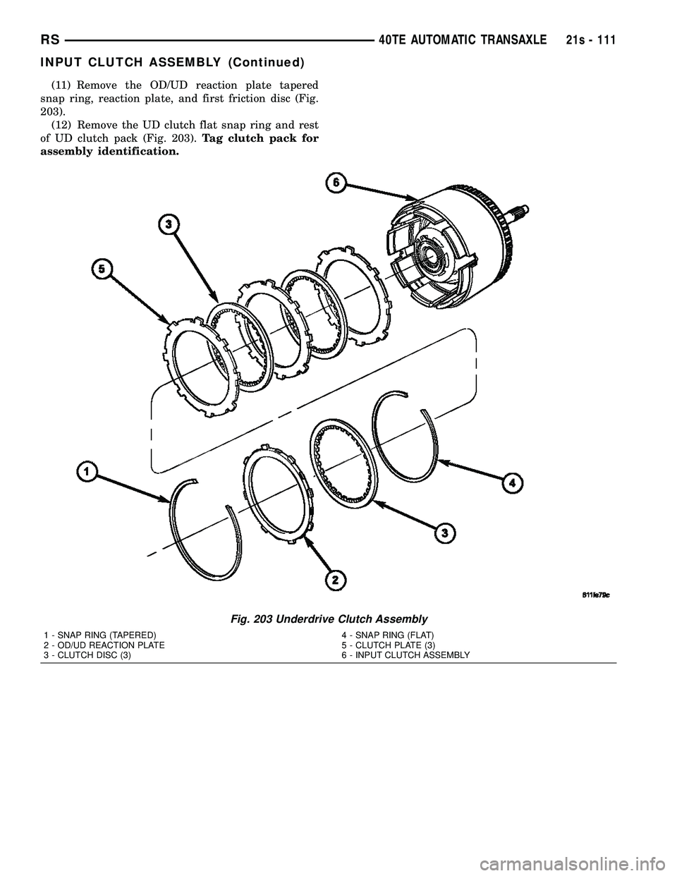 DODGE TOWN AND COUNTRY 2004  Service Manual (11) Remove the OD/UD reaction plate tapered
snap ring, reaction plate, and first friction disc (Fig.
203). (12) Remove the UD clutch flat snap ring and rest
of UD clutch pack (Fig. 203). Tag clutch p
