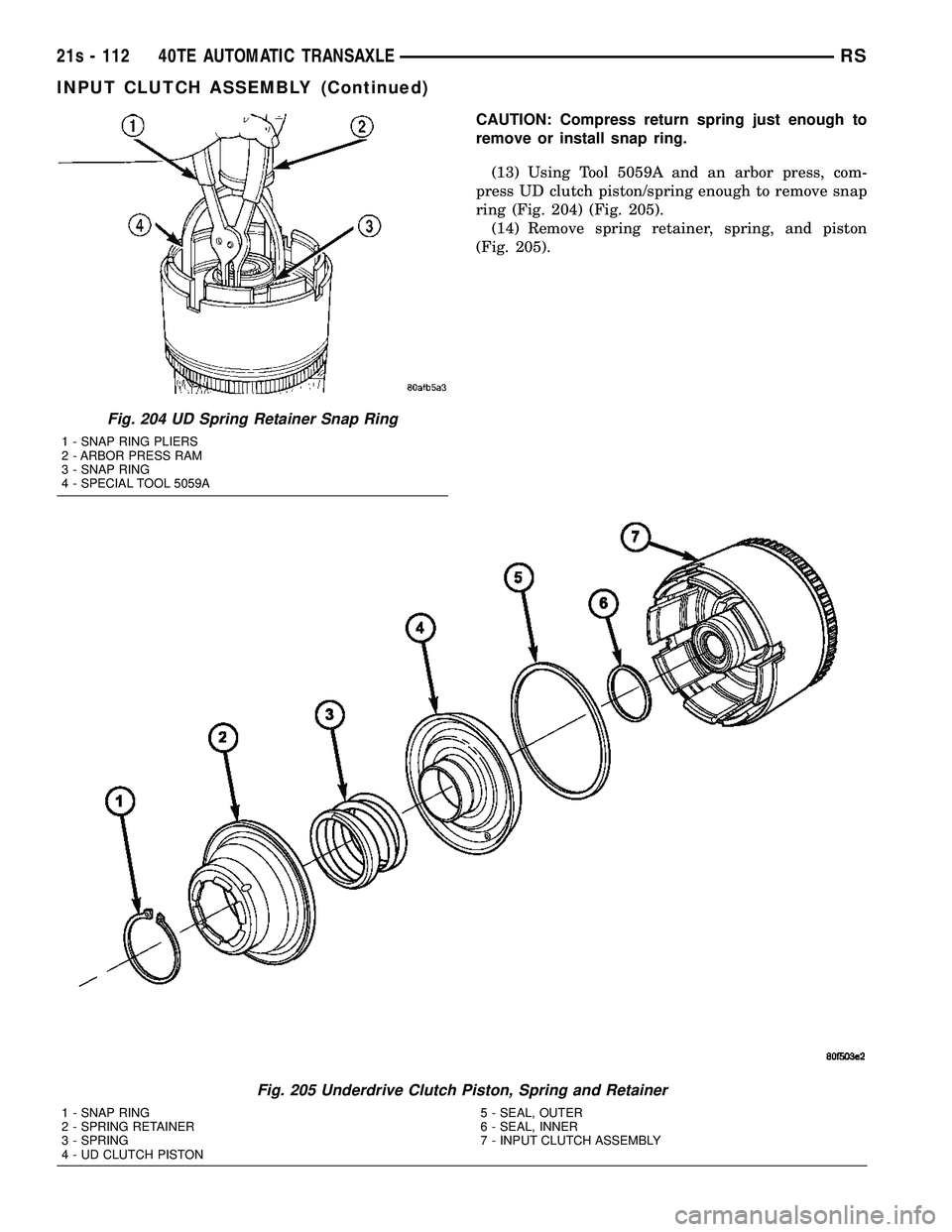 DODGE TOWN AND COUNTRY 2004  Service Manual CAUTION: Compress return spring just enough to
remove or install snap ring.(13) Using Tool 5059A and an arbor press, com-
press UD clutch piston/spring enough to remove snap
ring (Fig. 204) (Fig. 205)