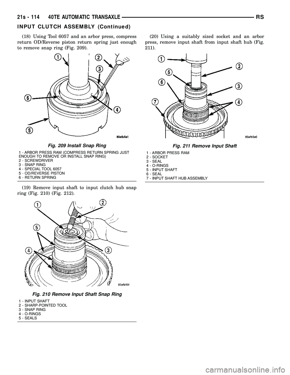 DODGE TOWN AND COUNTRY 2004  Service Manual (18) Using Tool 6057 and an arbor press, compress
return OD/Reverse piston return spring just enough
to remove snap ring (Fig. 209).
(19) Remove input shaft to input clutch hub snap
ring (Fig. 210) (F