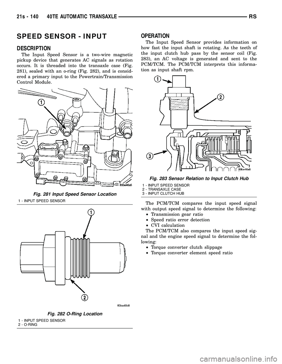 DODGE TOWN AND COUNTRY 2004 Service Manual SPEED SENSOR - INPUT
DESCRIPTION
The Input Speed Sensor is a two-wire magnetic
pickup device that generates AC signals as rotation
occurs. It is threaded into the transaxle case (Fig.
281), sealed wit DODGE TOWN AND COUNTRY 2004 Service Manual SPEED SENSOR - INPUT
DESCRIPTION
The Input Speed Sensor is a two-wire magnetic
pickup device that generates AC signals as rotation
occurs. It is threaded into the transaxle case (Fig.
281), sealed wit