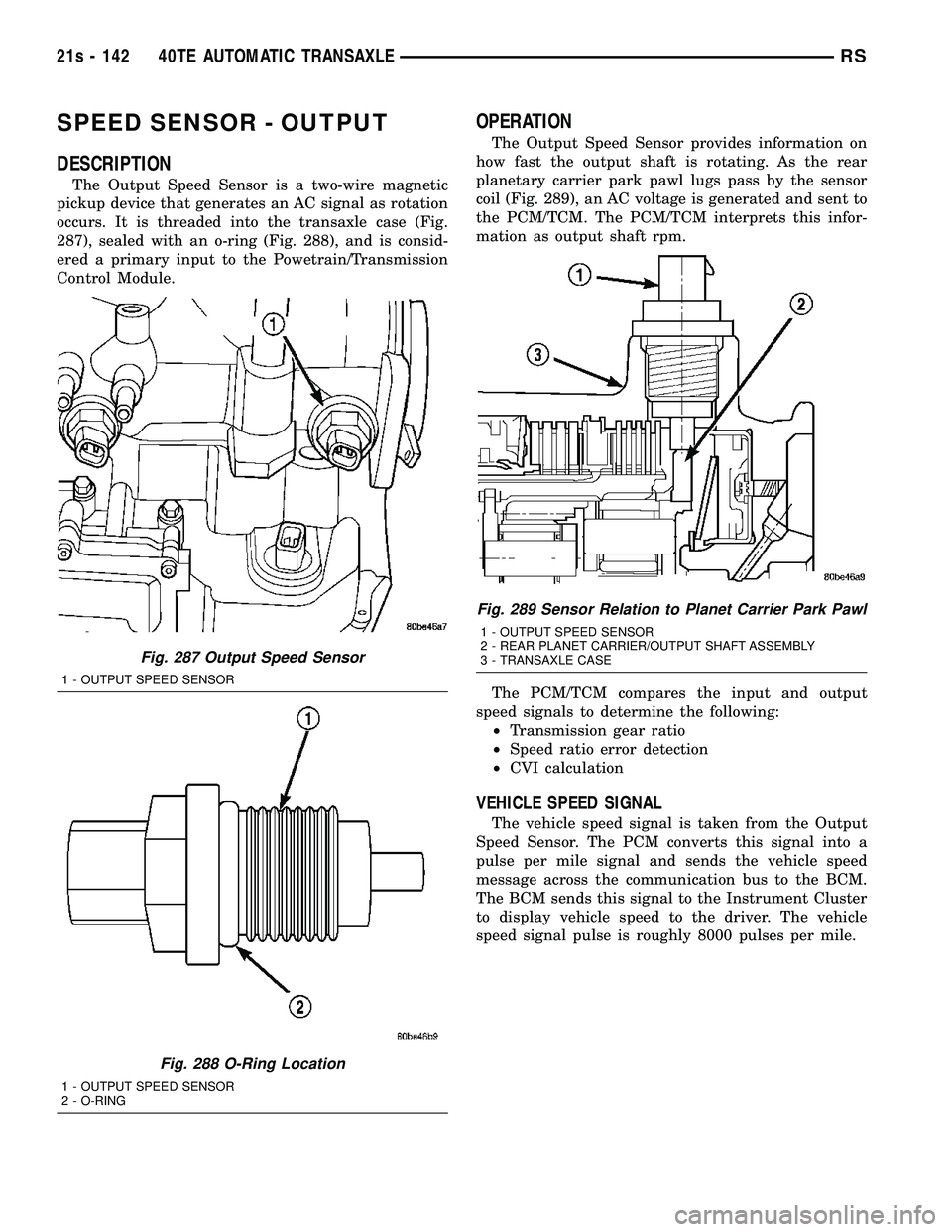 DODGE TOWN AND COUNTRY 2004 Service Manual SPEED SENSOR - OUTPUT
DESCRIPTION
The Output Speed Sensor is a two-wire magnetic
pickup device that generates an AC signal as rotation
occurs. It is threaded into the transaxle case (Fig.
287), sealed DODGE TOWN AND COUNTRY 2004 Service Manual SPEED SENSOR - OUTPUT
DESCRIPTION
The Output Speed Sensor is a two-wire magnetic
pickup device that generates an AC signal as rotation
occurs. It is threaded into the transaxle case (Fig.
287), sealed