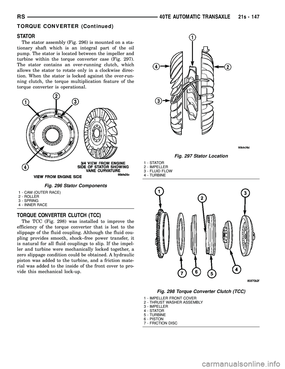 DODGE TOWN AND COUNTRY 2004 Service Manual STATOR
The stator assembly (Fig. 296) is mounted on a sta-
tionary shaft which is an integral part of the oil
pump. The stator is located between the impeller and
turbine within the torque converter c DODGE TOWN AND COUNTRY 2004 Service Manual STATOR
The stator assembly (Fig. 296) is mounted on a sta-
tionary shaft which is an integral part of the oil
pump. The stator is located between the impeller and
turbine within the torque converter c