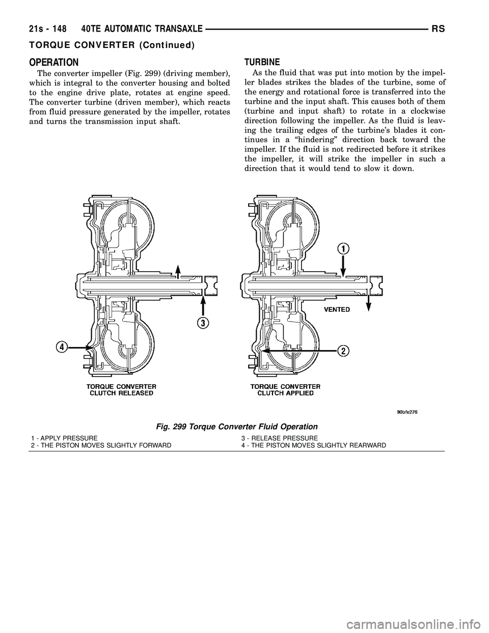 DODGE TOWN AND COUNTRY 2004 Service Manual OPERATION
The converter impeller (Fig. 299) (driving member),
which is integral to the converter housing and bolted
to the engine drive plate, rotates at engine speed.
The converter turbine (driven me DODGE TOWN AND COUNTRY 2004 Service Manual OPERATION
The converter impeller (Fig. 299) (driving member),
which is integral to the converter housing and bolted
to the engine drive plate, rotates at engine speed.
The converter turbine (driven me