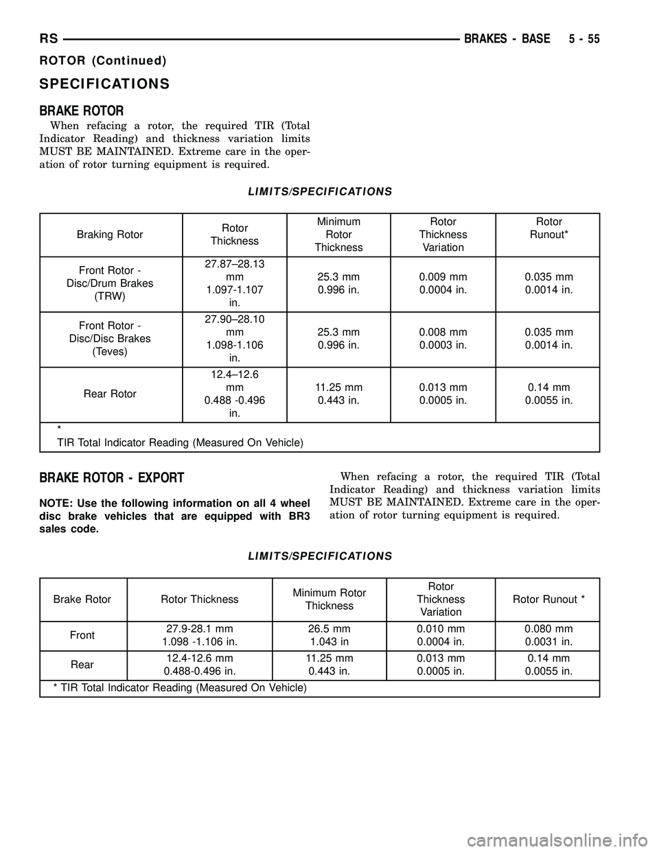 DODGE TOWN AND COUNTRY 2004  Service Manual SPECIFICATIONS
BRAKE ROTOR
When refacing a rotor, the required TIR (Total
Indicator Reading) and thickness variation limits
MUST BE MAINTAINED. Extreme care in the oper-
ation of rotor turning equipme