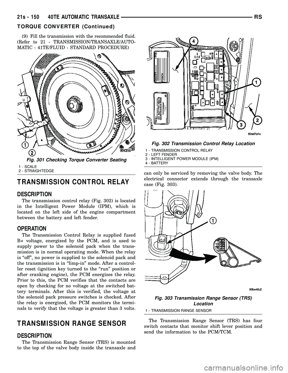 DODGE TOWN AND COUNTRY 2004 Service Manual (9)Fill the transmission with the recommended fluid.
(Refer to 21 - TRANSMISSION/TRANSAXLE/AUTO-
MATIC - 41TE/FLUID - STANDARD PROCEDURE)
TRANSMISSION CONTROL RELAY
DESCRIPTION
The transmission contro DODGE TOWN AND COUNTRY 2004 Service Manual (9)Fill the transmission with the recommended fluid.
(Refer to 21 - TRANSMISSION/TRANSAXLE/AUTO-
MATIC - 41TE/FLUID - STANDARD PROCEDURE)
TRANSMISSION CONTROL RELAY
DESCRIPTION
The transmission contro