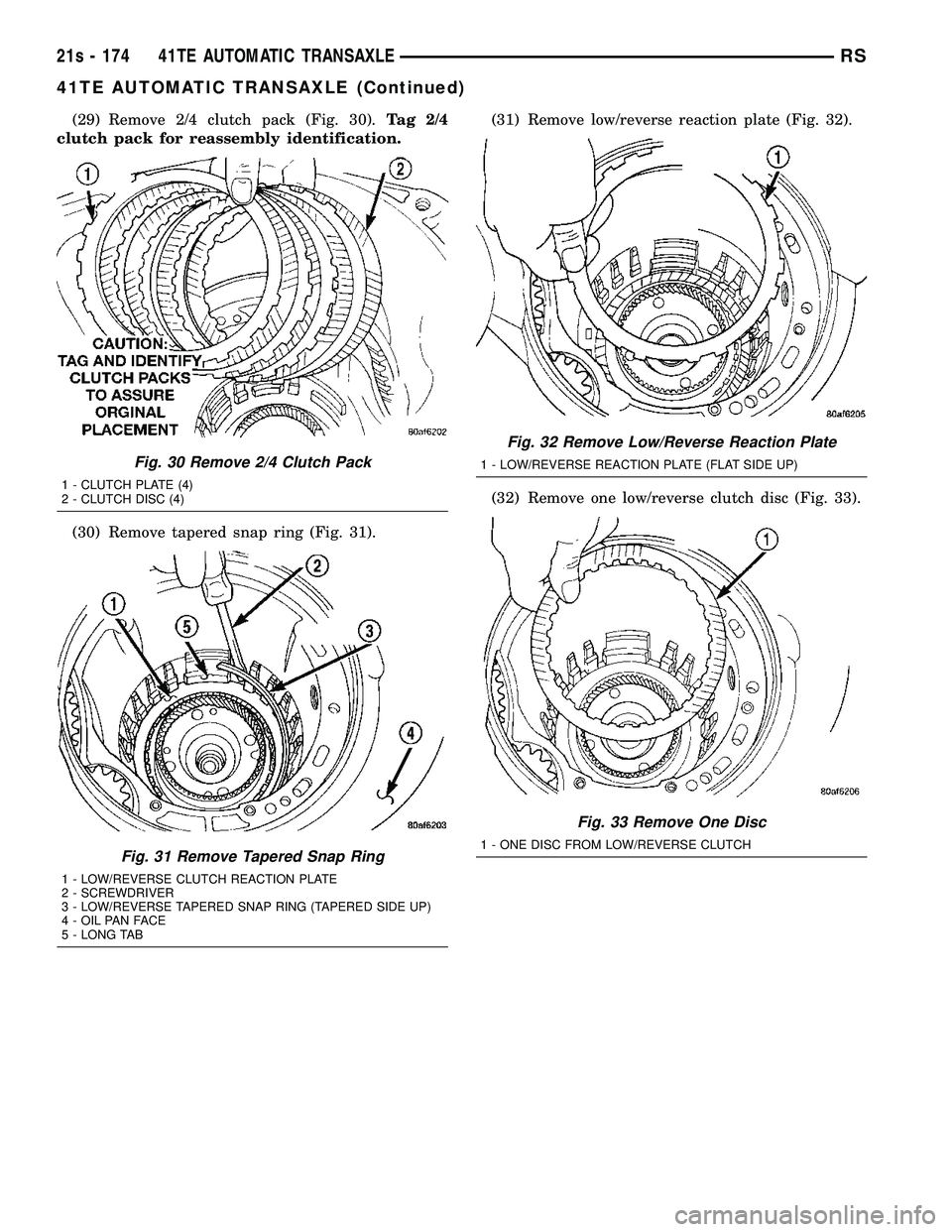 DODGE TOWN AND COUNTRY 2004 Service Manual (29) Remove 2/4 clutch pack (Fig. 30).Tag 2/4
clutch pack for reassembly identification.
(30) Remove tapered snap ring (Fig. 31). (31) Remove low/reverse reaction plate (Fig. 32).
(32) Remove one low/ DODGE TOWN AND COUNTRY 2004 Service Manual (29) Remove 2/4 clutch pack (Fig. 30).Tag 2/4
clutch pack for reassembly identification.
(30) Remove tapered snap ring (Fig. 31). (31) Remove low/reverse reaction plate (Fig. 32).
(32) Remove one low/