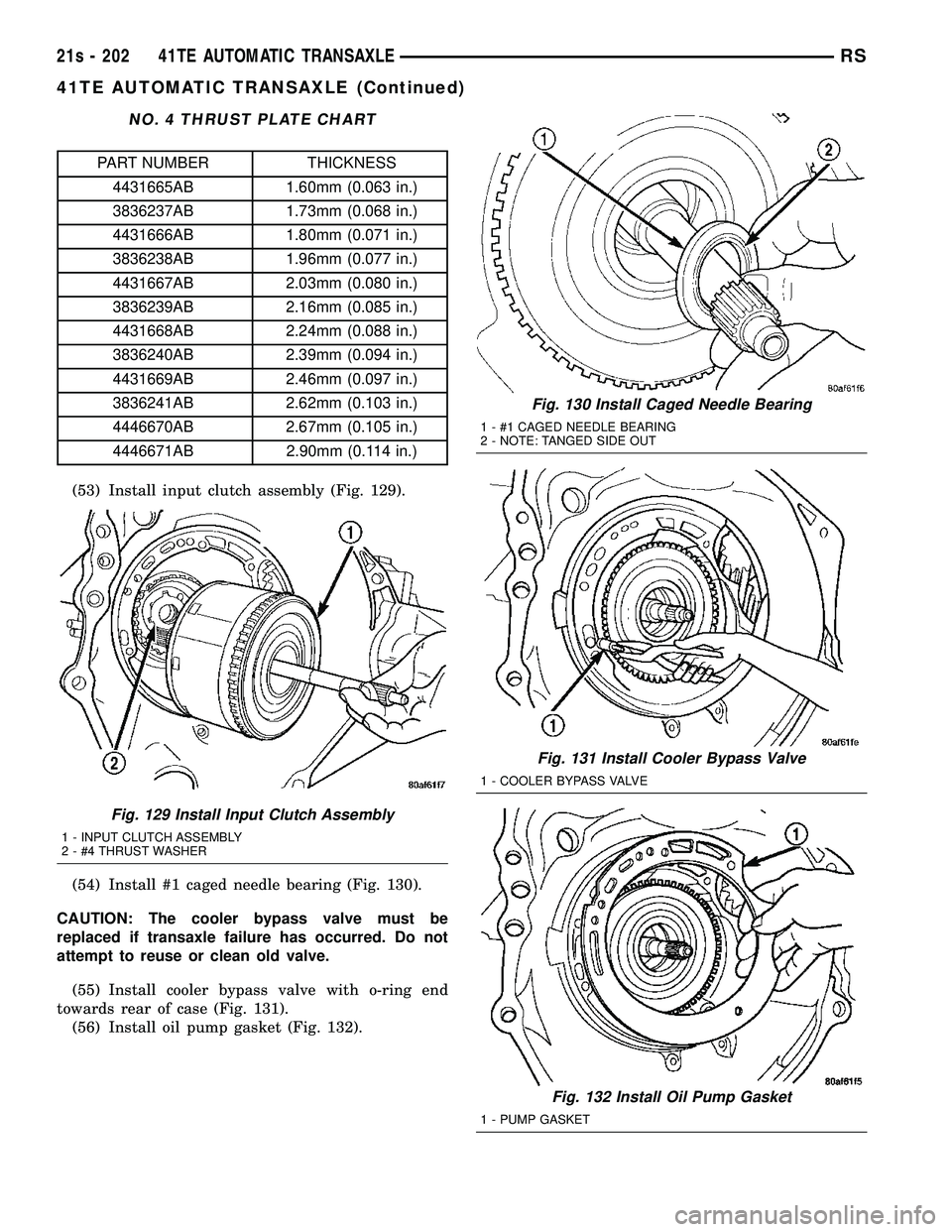 DODGE TOWN AND COUNTRY 2004 Service Manual NO. 4 THRUST PLATE CHART
PART NUMBER THICKNESS4431665AB 1.60mm (0.063 in.)
3836237AB 1.73mm (0.068 in.)
4431666AB 1.80mm (0.071 in.)
3836238AB 1.96mm (0.077 in.)
4431667AB 2.03mm (0.080 in.)
3836239AB DODGE TOWN AND COUNTRY 2004 Service Manual NO. 4 THRUST PLATE CHART
PART NUMBER THICKNESS4431665AB 1.60mm (0.063 in.)
3836237AB 1.73mm (0.068 in.)
4431666AB 1.80mm (0.071 in.)
3836238AB 1.96mm (0.077 in.)
4431667AB 2.03mm (0.080 in.)
3836239AB