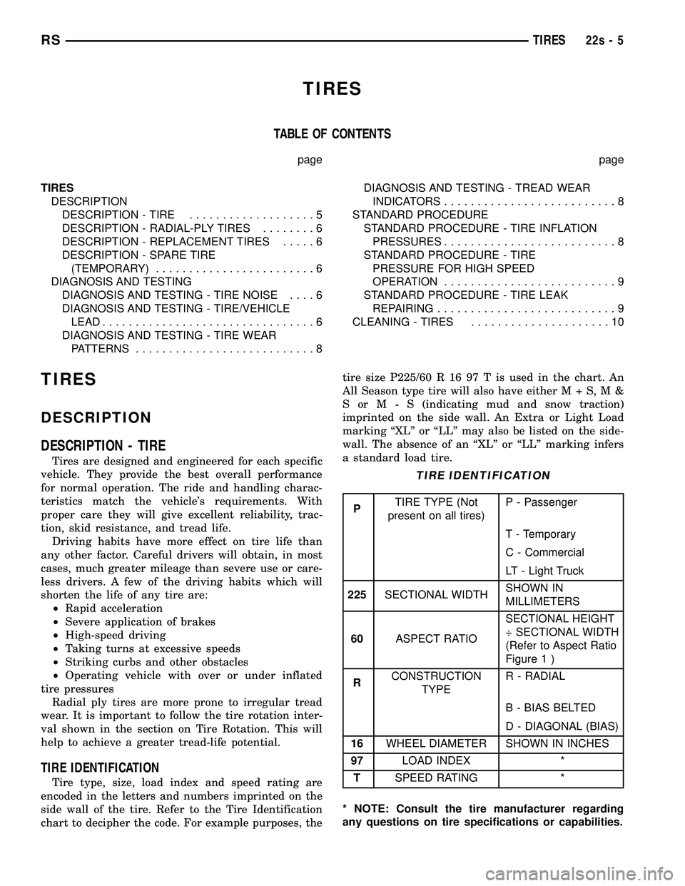 DODGE TOWN AND COUNTRY 2004 Service Manual TIRES
TABLE OF CONTENTS
page page
TIRES DESCRIPTION DESCRIPTION - TIRE ...................5
DESCRIPTION - RADIAL-PLY TIRES ........6
DESCRIPTION - REPLACEMENT TIRES .....6
DESCRIPTION - SPARE TIRE (TE DODGE TOWN AND COUNTRY 2004 Service Manual TIRES
TABLE OF CONTENTS
page page
TIRES DESCRIPTION DESCRIPTION - TIRE ...................5
DESCRIPTION - RADIAL-PLY TIRES ........6
DESCRIPTION - REPLACEMENT TIRES .....6
DESCRIPTION - SPARE TIRE (TE