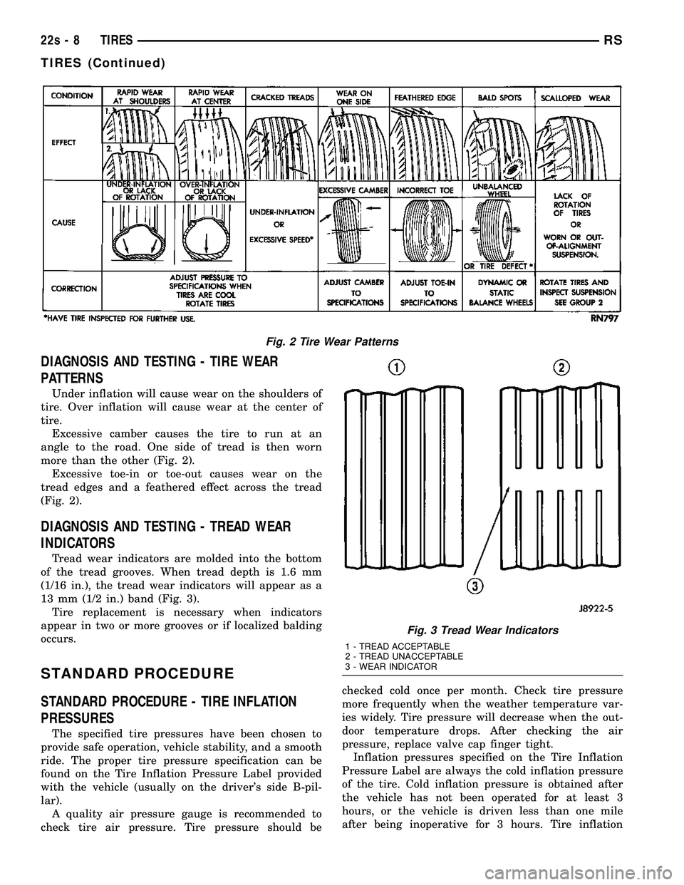 DODGE TOWN AND COUNTRY 2004 Service Manual DIAGNOSIS AND TESTING - TIRE WEAR
PATTERNS
Under inflation will cause wear on the shoulders of
tire. Over inflation will cause wear at the center of
tire. Excessive camber causes the tire to run at an DODGE TOWN AND COUNTRY 2004 Service Manual DIAGNOSIS AND TESTING - TIRE WEAR
PATTERNS
Under inflation will cause wear on the shoulders of
tire. Over inflation will cause wear at the center of
tire. Excessive camber causes the tire to run at an