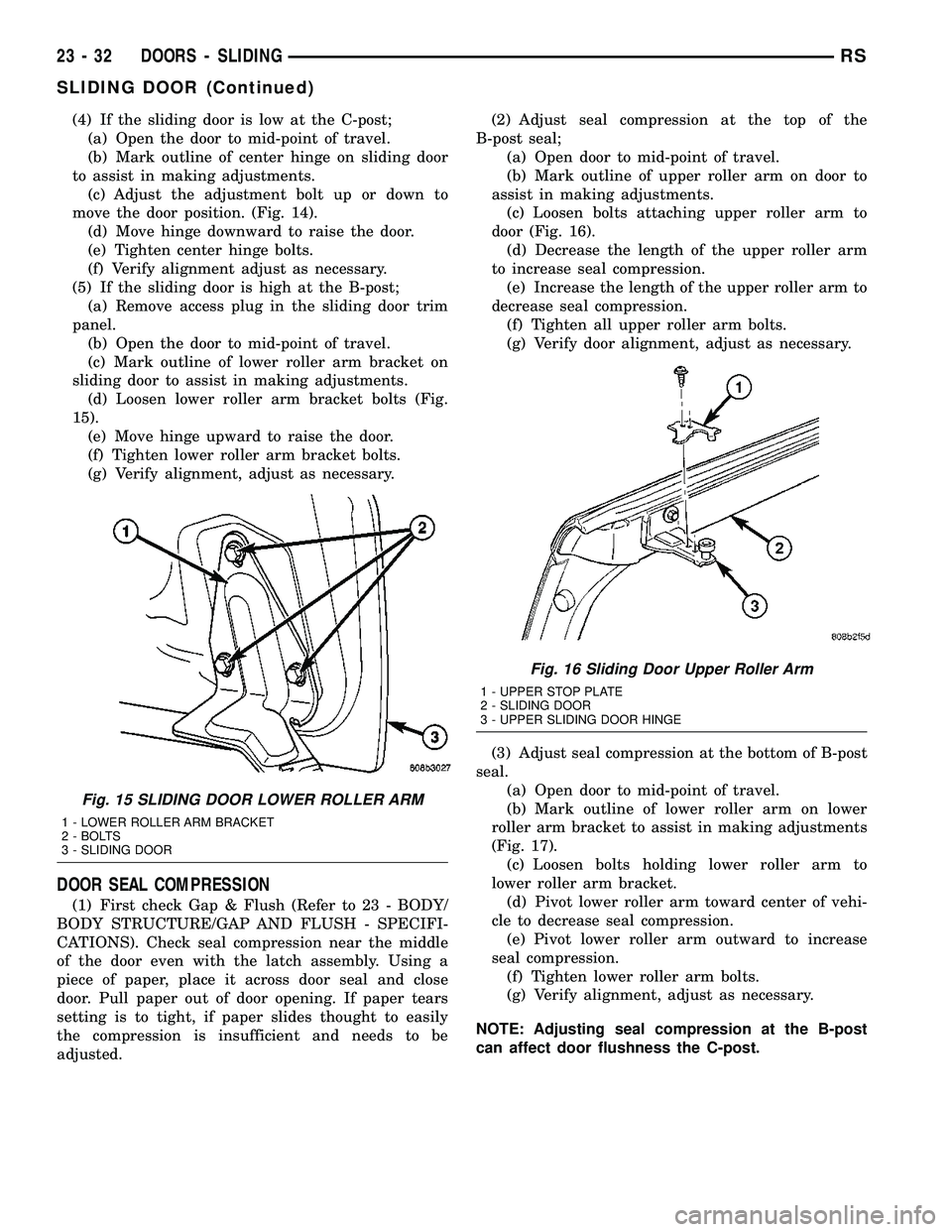 DODGE TOWN AND COUNTRY 2004 Service Manual (4) If the sliding door is low at the C-post;
(a) Open the door to mid-point of travel.
(b) Mark outline of center hinge on sliding door
to assist in making adjustments.
(c) Adjust the adjustment bolt DODGE TOWN AND COUNTRY 2004 Service Manual (4) If the sliding door is low at the C-post;
(a) Open the door to mid-point of travel.
(b) Mark outline of center hinge on sliding door
to assist in making adjustments.
(c) Adjust the adjustment bolt