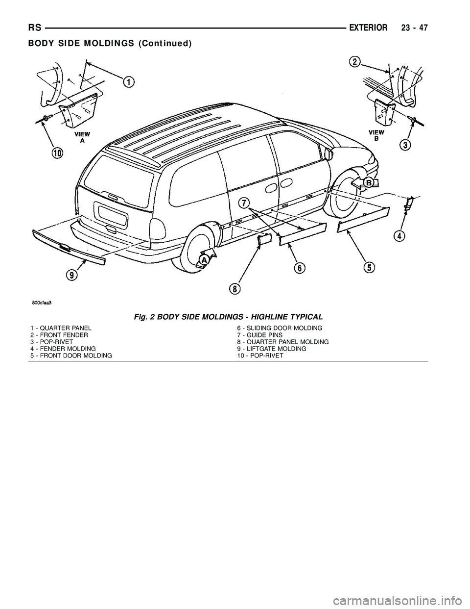 DODGE TOWN AND COUNTRY 2004  Service Manual Fig. 2 BODY SIDE MOLDINGS - HIGHLINE TYPICAL
1 - QUARTER PANEL
2 - FRONT FENDER
3 - POP-RIVET
4 - FENDER MOLDING
5 - FRONT DOOR MOLDING6 - SLIDING DOOR MOLDING
7 - GUIDE PINS
8 - QUARTER PANEL MOLDING