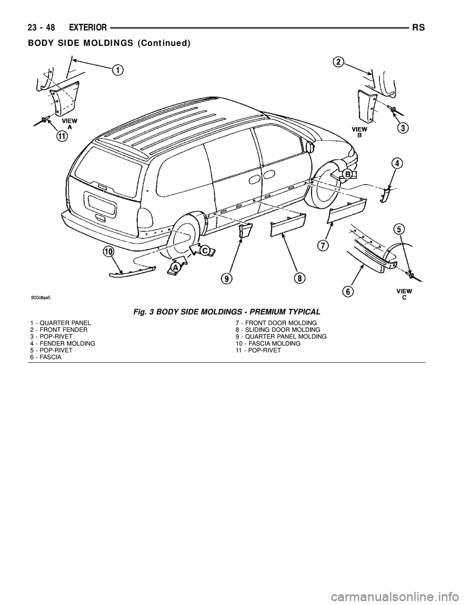 DODGE TOWN AND COUNTRY 2004  Service Manual Fig. 3 BODY SIDE MOLDINGS - PREMIUM TYPICAL
1 - QUARTER PANEL
2 - FRONT FENDER
3 - POP-RIVET
4 - FENDER MOLDING
5 - POP-RIVET
6 - FASCIA7 - FRONT DOOR MOLDING
8 - SLIDING DOOR MOLDING
9 - QUARTER PANE