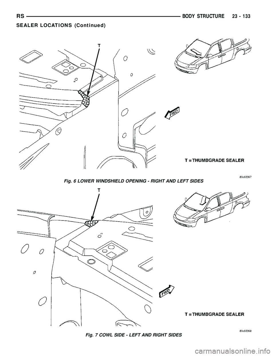 DODGE TOWN AND COUNTRY 2004  Service Manual Fig. 6 LOWER WINDSHIELD OPENING - RIGHT AND LEFT SIDES
Fig. 7 COWL SIDE - LEFT AND RIGHT SIDES
RSBODY STRUCTURE23 - 133
SEALER LOCATIONS (Continued) 