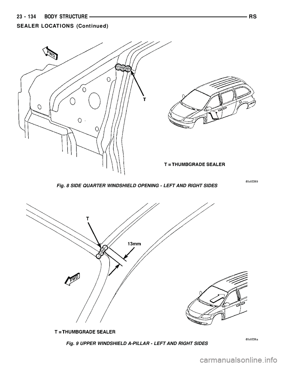 DODGE TOWN AND COUNTRY 2004  Service Manual Fig. 8 SIDE QUARTER WINDSHIELD OPENING - LEFT AND RIGHT SIDES
Fig. 9 UPPER WINDSHIELD A-PILLAR - LEFT AND RIGHT SIDES
23 - 134 BODY STRUCTURERS
SEALER LOCATIONS (Continued) 