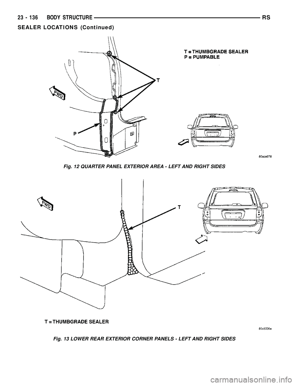 DODGE TOWN AND COUNTRY 2004  Service Manual Fig. 12 QUARTER PANEL EXTERIOR AREA - LEFT AND RIGHT SIDES
Fig. 13 LOWER REAR EXTERIOR CORNER PANELS - LEFT AND RIGHT SIDES
23 - 136 BODY STRUCTURERS
SEALER LOCATIONS (Continued) 