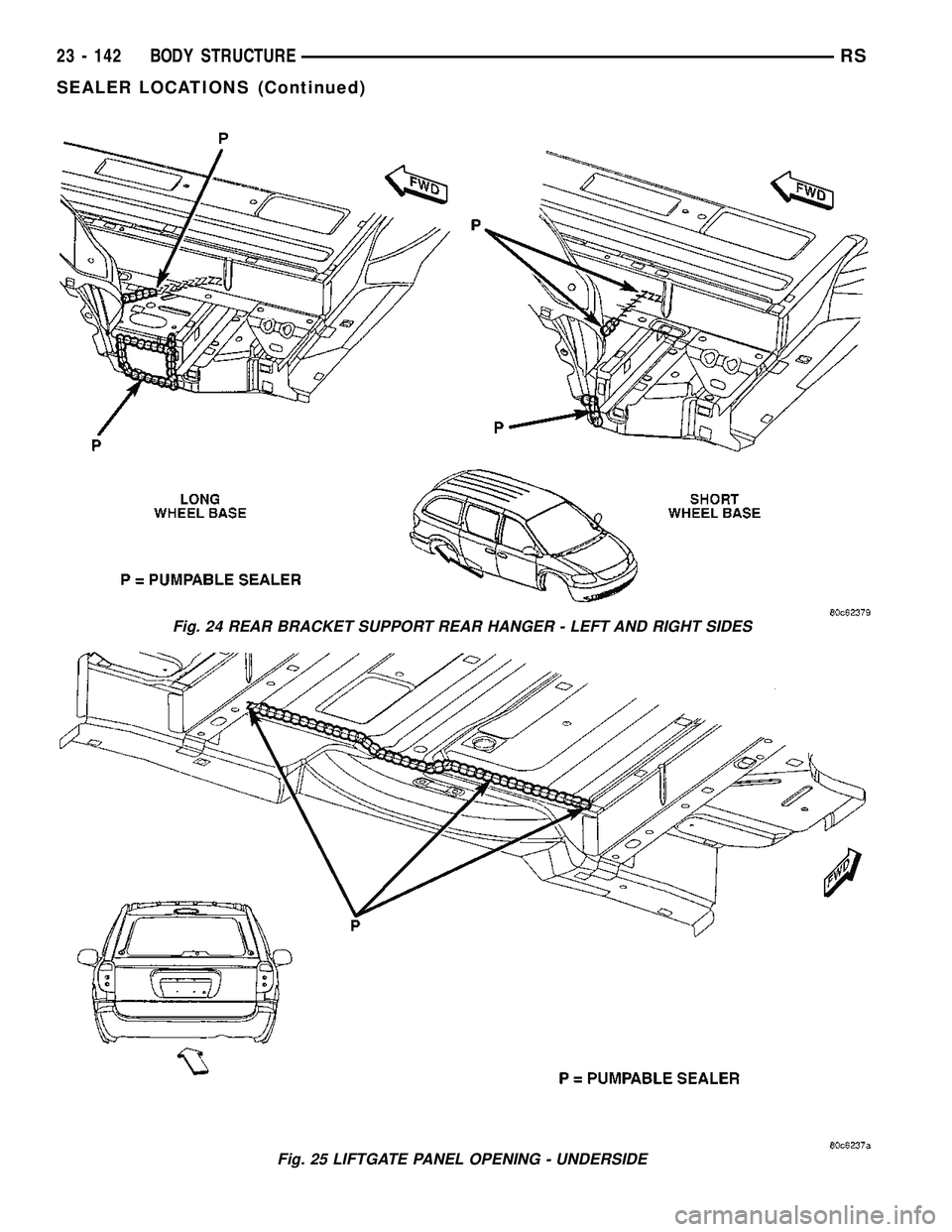 DODGE TOWN AND COUNTRY 2004  Service Manual Fig. 24 REAR BRACKET SUPPORT REAR HANGER - LEFT AND RIGHT SIDES
Fig. 25 LIFTGATE PANEL OPENING - UNDERSIDE
23 - 142 BODY STRUCTURERS
SEALER LOCATIONS (Continued) 