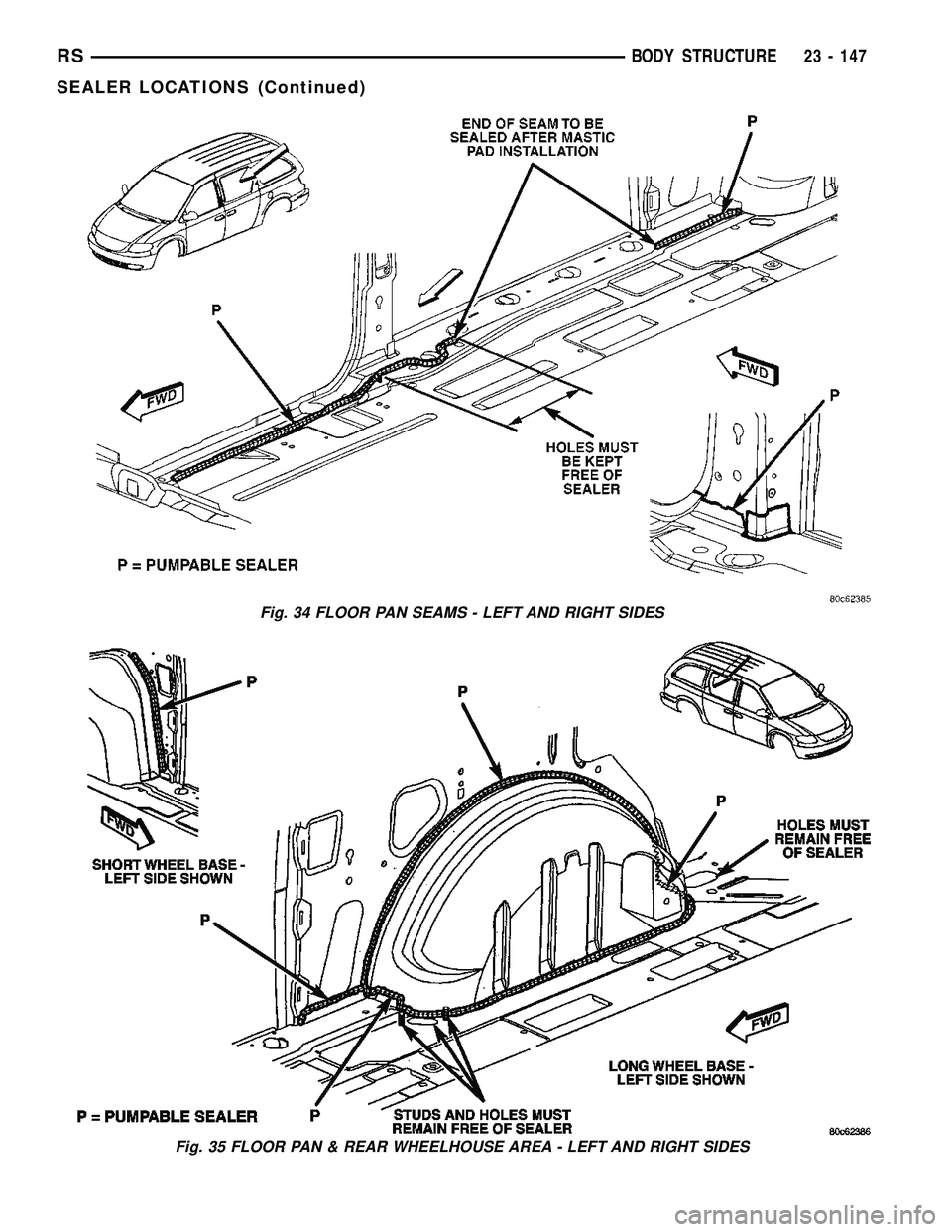 DODGE TOWN AND COUNTRY 2004  Service Manual Fig. 34 FLOOR PAN SEAMS - LEFT AND RIGHT SIDES
Fig. 35 FLOOR PAN & REAR WHEELHOUSE AREA - LEFT AND RIGHT SIDES
RSBODY STRUCTURE23 - 147
SEALER LOCATIONS (Continued) 