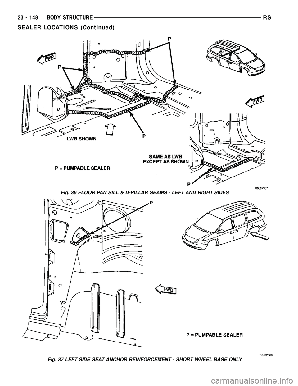 DODGE TOWN AND COUNTRY 2004  Service Manual Fig. 36 FLOOR PAN SILL & D-PILLAR SEAMS - LEFT AND RIGHT SIDES
Fig. 37 LEFT SIDE SEAT ANCHOR REINFORCEMENT - SHORT WHEEL BASE ONLY
23 - 148 BODY STRUCTURERS
SEALER LOCATIONS (Continued) 