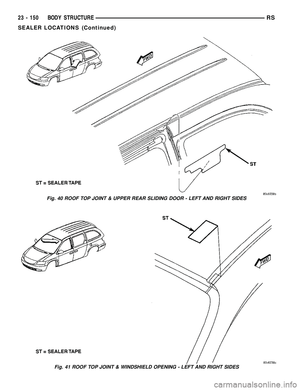 DODGE TOWN AND COUNTRY 2004  Service Manual Fig. 40 ROOF TOP JOINT & UPPER REAR SLIDING DOOR - LEFT AND RIGHT SIDES
Fig. 41 ROOF TOP JOINT & WINDSHIELD OPENING - LEFT AND RIGHT SIDES
23 - 150 BODY STRUCTURERS
SEALER LOCATIONS (Continued) 