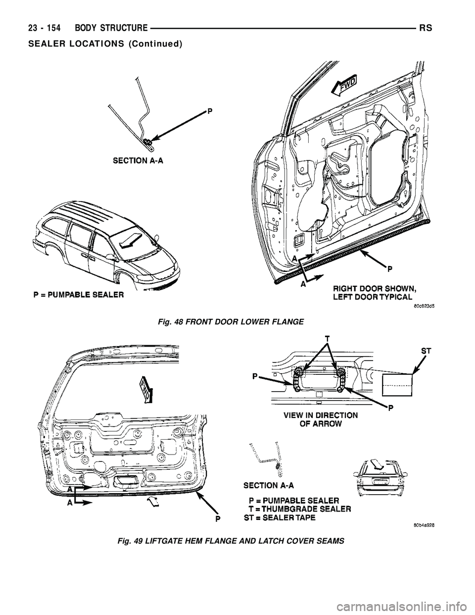 DODGE TOWN AND COUNTRY 2004  Service Manual Fig. 48 FRONT DOOR LOWER FLANGE
Fig. 49 LIFTGATE HEM FLANGE AND LATCH COVER SEAMS
23 - 154 BODY STRUCTURERS
SEALER LOCATIONS (Continued) 