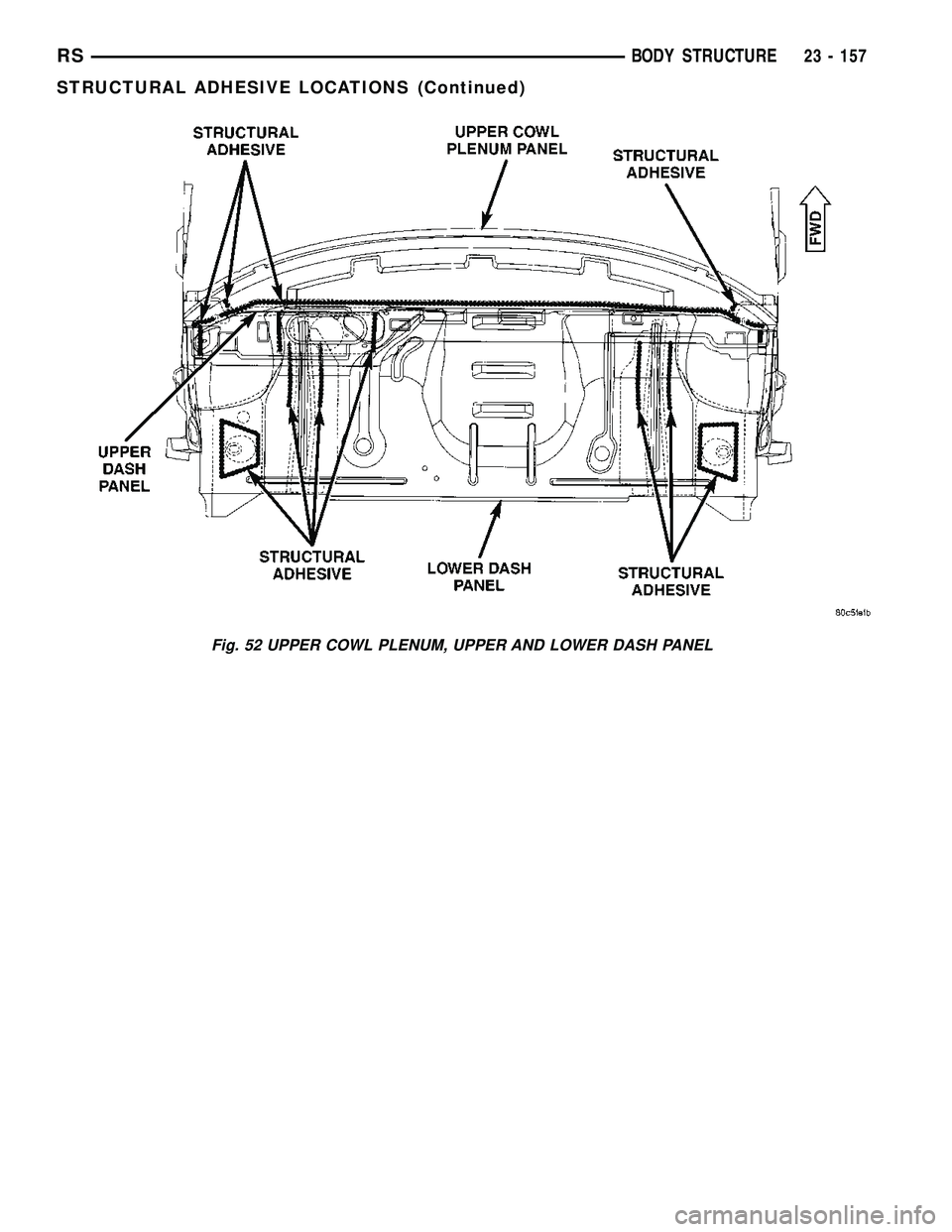 DODGE TOWN AND COUNTRY 2004  Service Manual Fig. 52 UPPER COWL PLENUM, UPPER AND LOWER DASH PANEL
RSBODY STRUCTURE23 - 157
STRUCTURAL ADHESIVE LOCATIONS (Continued) 