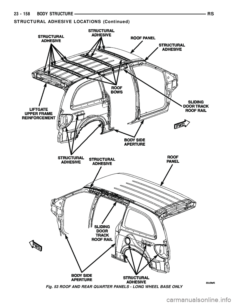 DODGE TOWN AND COUNTRY 2004  Service Manual Fig. 53 ROOF AND REAR QUARTER PANELS - LONG WHEEL BASE ONLY
23 - 158 BODY STRUCTURERS
STRUCTURAL ADHESIVE LOCATIONS (Continued) 