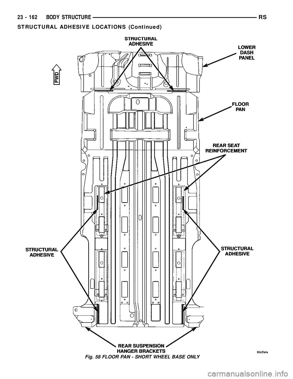 DODGE TOWN AND COUNTRY 2004  Service Manual Fig. 58 FLOOR PAN - SHORT WHEEL BASE ONLY
23 - 162 BODY STRUCTURERS
STRUCTURAL ADHESIVE LOCATIONS (Continued) 