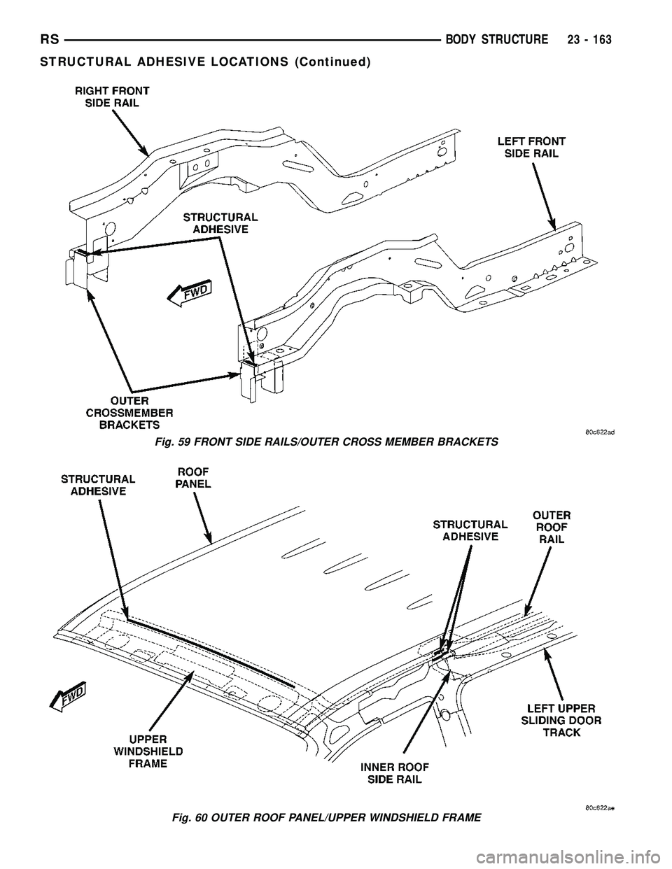 DODGE TOWN AND COUNTRY 2004  Service Manual Fig. 59 FRONT SIDE RAILS/OUTER CROSS MEMBER BRACKETS
Fig. 60 OUTER ROOF PANEL/UPPER WINDSHIELD FRAME
RSBODY STRUCTURE23 - 163
STRUCTURAL ADHESIVE LOCATIONS (Continued) 
