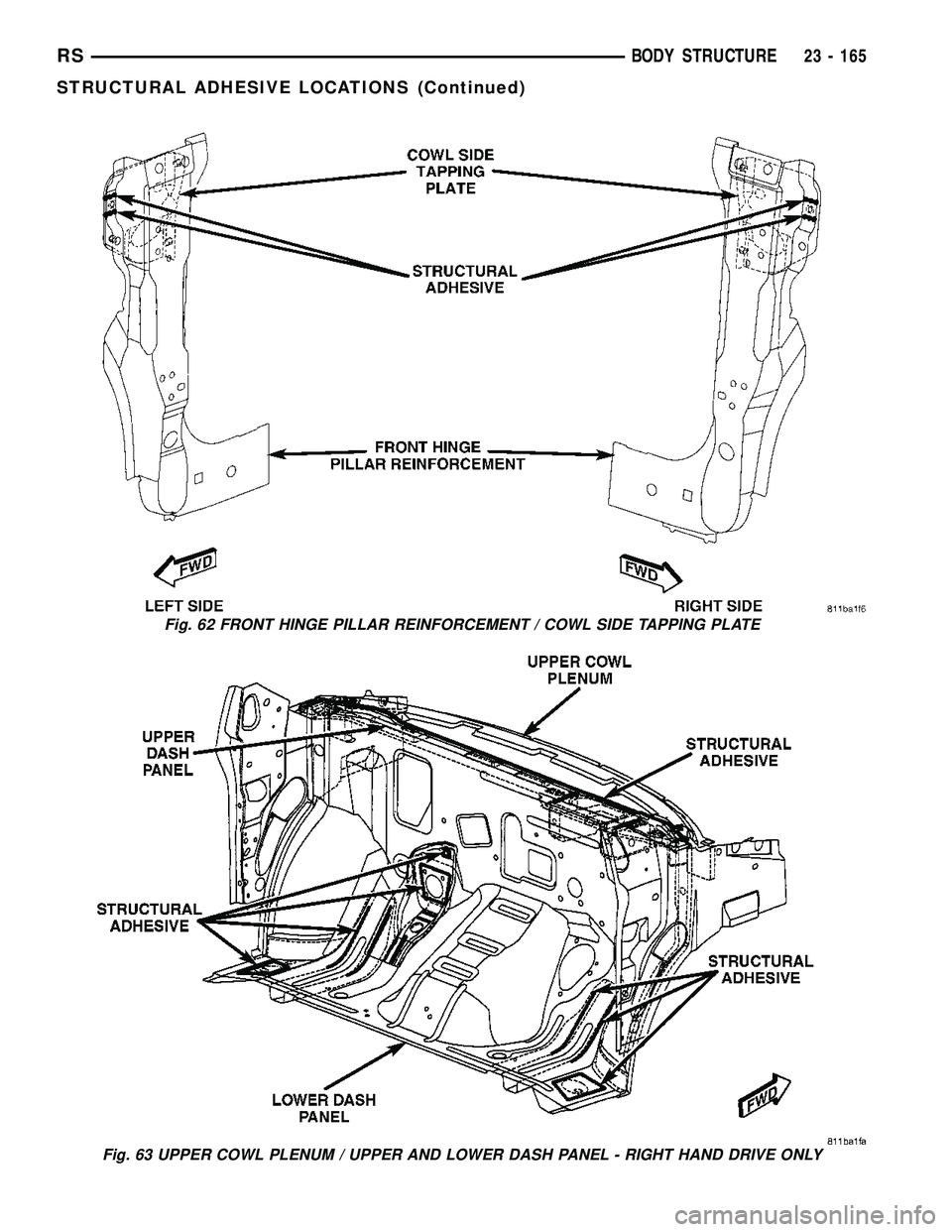 DODGE TOWN AND COUNTRY 2004  Service Manual Fig. 62 FRONT HINGE PILLAR REINFORCEMENT / COWL SIDE TAPPING PLATE
Fig. 63 UPPER COWL PLENUM / UPPER AND LOWER DASH PANEL - RIGHT HAND DRIVE ONLY
RSBODY STRUCTURE23 - 165
STRUCTURAL ADHESIVE LOCATIONS