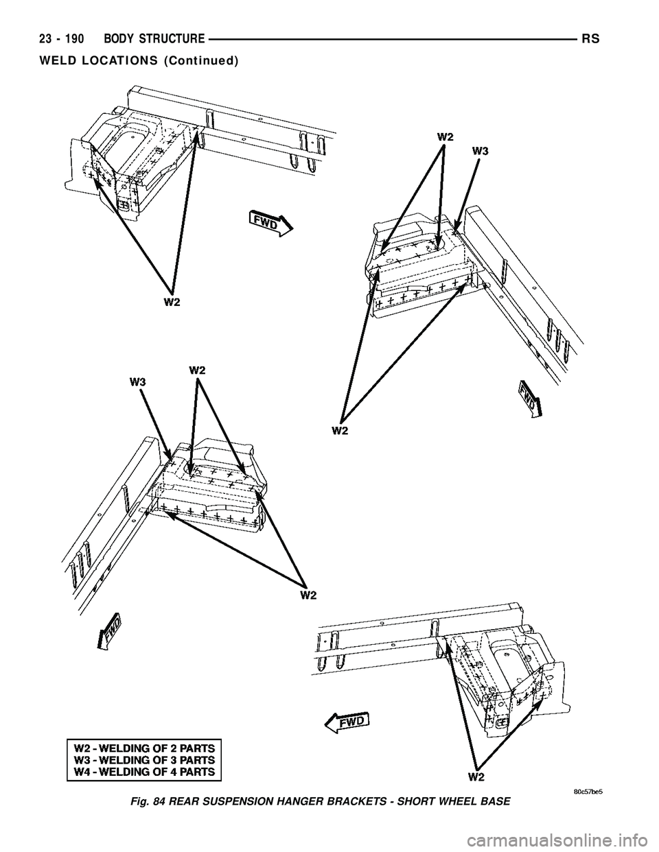 DODGE TOWN AND COUNTRY 2004 Service Manual Fig. 84 REAR SUSPENSION HANGER BRACKETS - SHORT WHEEL BASE
23 - 190 BODY STRUCTURERS
WELD LOCATIONS (Continued) DODGE TOWN AND COUNTRY 2004 Service Manual Fig. 84 REAR SUSPENSION HANGER BRACKETS - SHORT WHEEL BASE
23 - 190 BODY STRUCTURERS
WELD LOCATIONS (Continued)