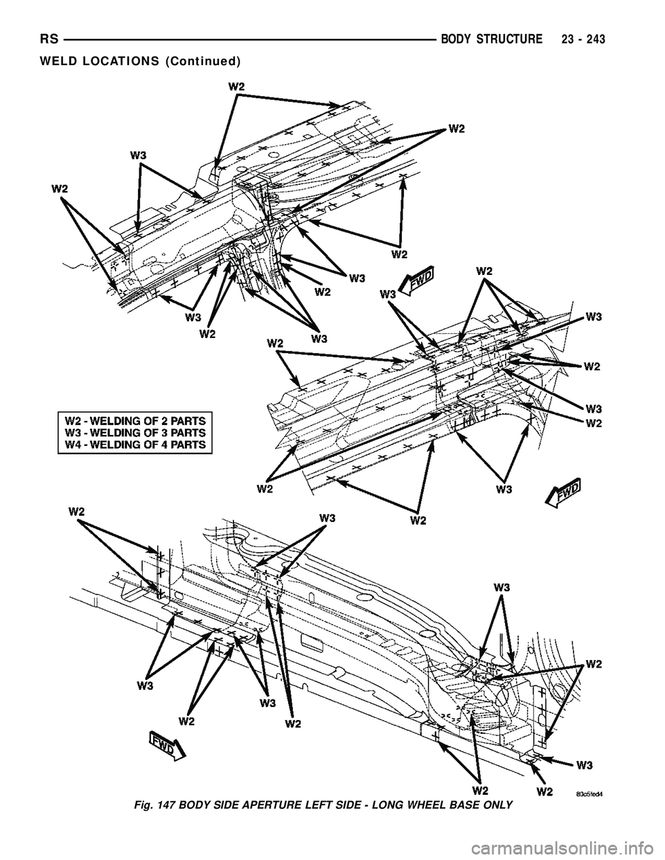 DODGE TOWN AND COUNTRY 2004 Service Manual Fig. 147 BODY SIDE APERTURE LEFT SIDE - LONG WHEEL BASE ONLY
RSBODY STRUCTURE23 - 243
WELD LOCATIONS (Continued) DODGE TOWN AND COUNTRY 2004 Service Manual Fig. 147 BODY SIDE APERTURE LEFT SIDE - LONG WHEEL BASE ONLY
RSBODY STRUCTURE23 - 243
WELD LOCATIONS (Continued)