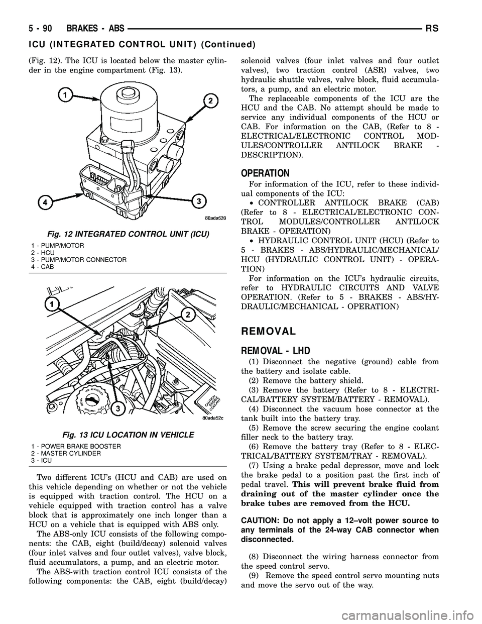 DODGE TOWN AND COUNTRY 2004 Service Manual (Fig. 12). The ICU is located below the master cylin-
der in the engine compartment (Fig. 13).
Two different ICUs (HCU and CAB) are used on
this vehicle depending on whether or not the vehicle
is equ DODGE TOWN AND COUNTRY 2004 Service Manual (Fig. 12). The ICU is located below the master cylin-
der in the engine compartment (Fig. 13).
Two different ICUs (HCU and CAB) are used on
this vehicle depending on whether or not the vehicle
is equ