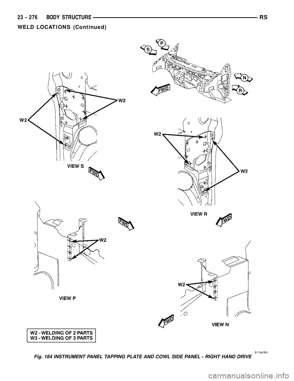 DODGE TOWN AND COUNTRY 2004 Service Manual Fig. 184 INSTRUMENT PANEL TAPPING PLATE AND COWL SIDE PANEL - RIGHT HAND DRIVE
23 - 276 BODY STRUCTURERS
WELD LOCATIONS (Continued) DODGE TOWN AND COUNTRY 2004 Service Manual Fig. 184 INSTRUMENT PANEL TAPPING PLATE AND COWL SIDE PANEL - RIGHT HAND DRIVE
23 - 276 BODY STRUCTURERS
WELD LOCATIONS (Continued)