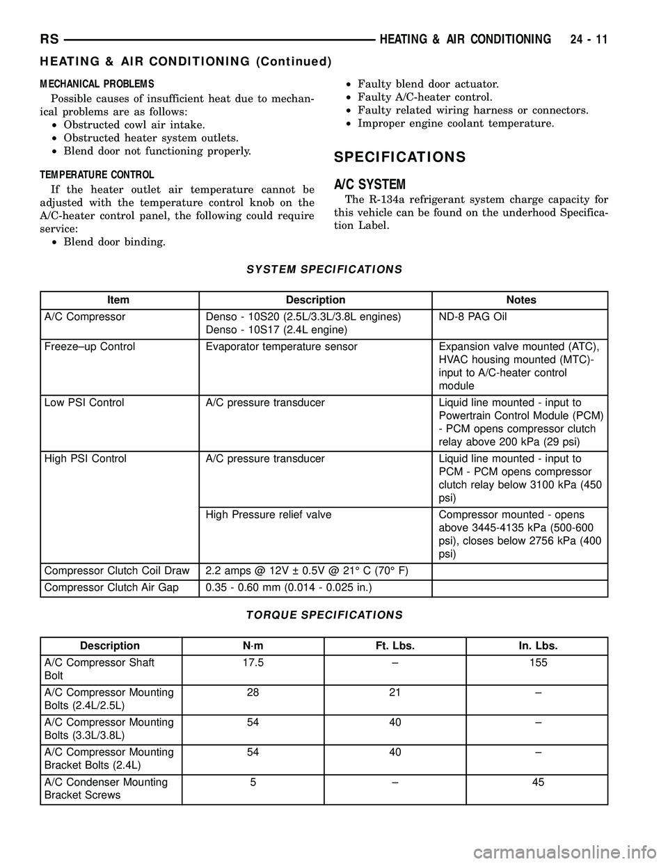 DODGE TOWN AND COUNTRY 2004 Service Manual MECHANICAL PROBLEMS
Possible causes of insufficient heat due to mechan-
ical problems are as follows:
²Obstructed cowl air intake.
²Obstructed heater system outlets.
²Blend door not functioning pro DODGE TOWN AND COUNTRY 2004 Service Manual MECHANICAL PROBLEMS
Possible causes of insufficient heat due to mechan-
ical problems are as follows:
²Obstructed cowl air intake.
²Obstructed heater system outlets.
²Blend door not functioning pro