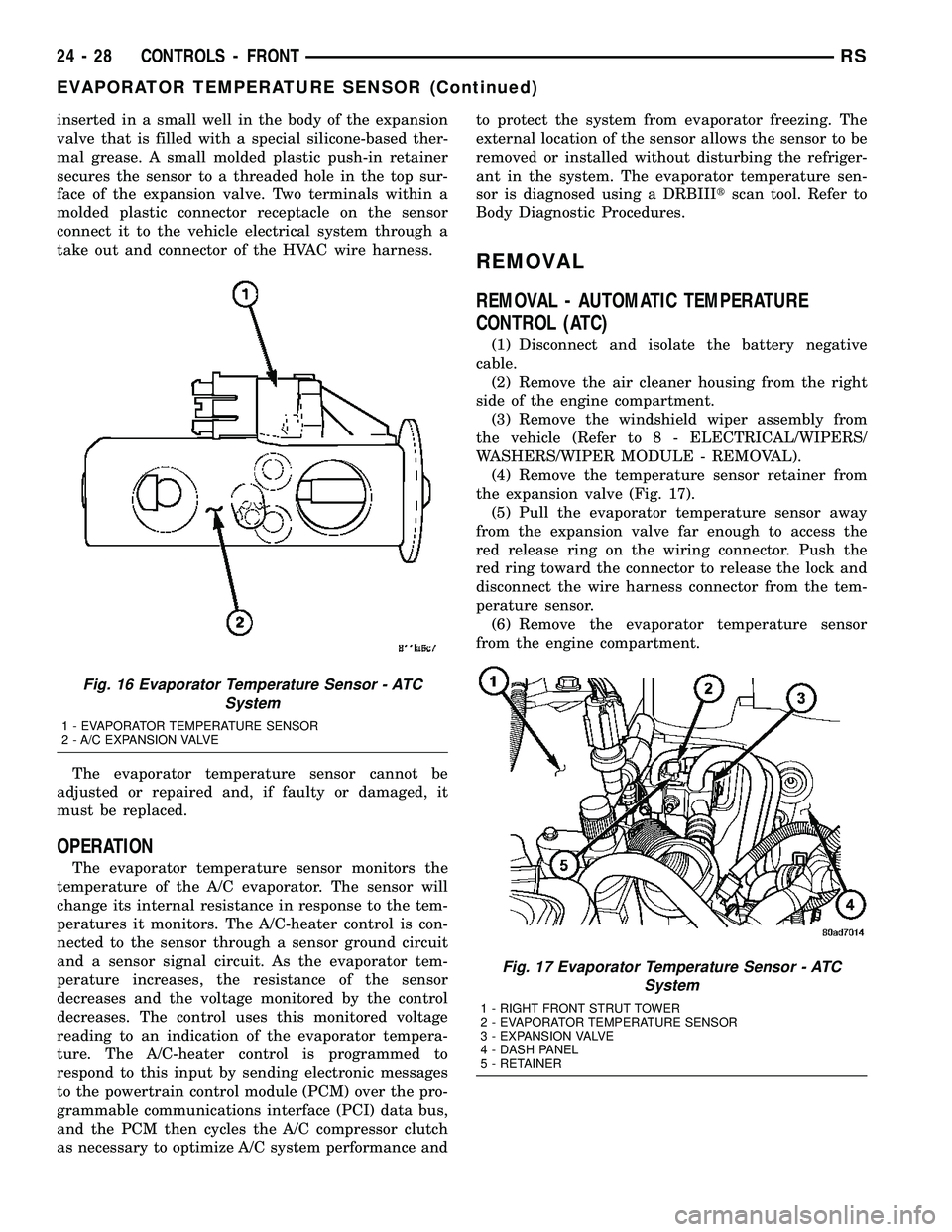 DODGE TOWN AND COUNTRY 2004 Service Manual inserted in a small well in the body of the expansion
valve that is filled with a special silicone-based ther-
mal grease. A small molded plastic push-in retainer
secures the sensor to a threaded hole DODGE TOWN AND COUNTRY 2004 Service Manual inserted in a small well in the body of the expansion
valve that is filled with a special silicone-based ther-
mal grease. A small molded plastic push-in retainer
secures the sensor to a threaded hole