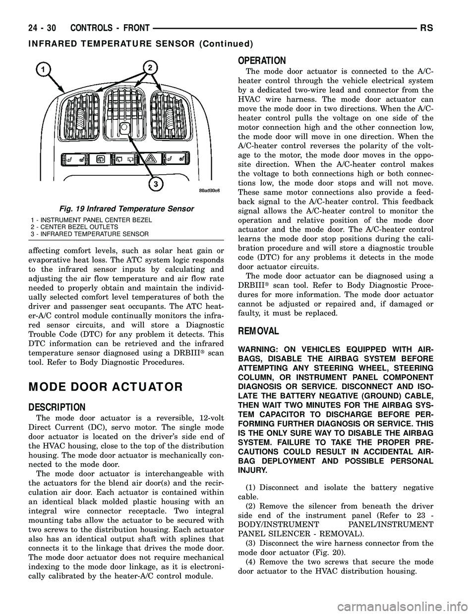 DODGE TOWN AND COUNTRY 2004 Service Manual affecting comfort levels, such as solar heat gain or
evaporative heat loss. The ATC system logic responds
to the infrared sensor inputs by calculating and
adjusting the air flow temperature and air fl DODGE TOWN AND COUNTRY 2004 Service Manual affecting comfort levels, such as solar heat gain or
evaporative heat loss. The ATC system logic responds
to the infrared sensor inputs by calculating and
adjusting the air flow temperature and air fl