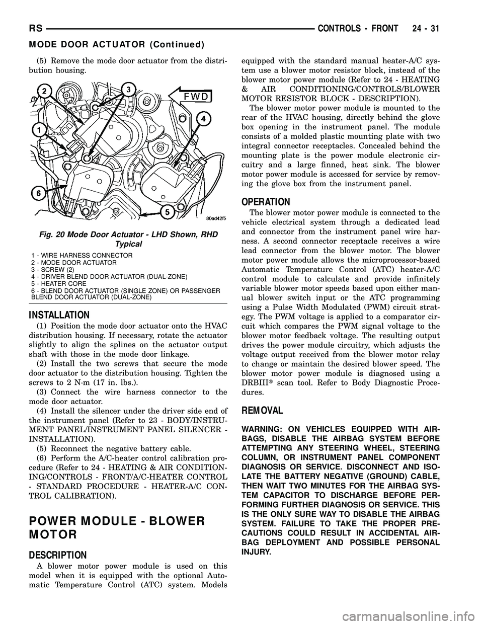 DODGE TOWN AND COUNTRY 2004 Service Manual (5) Remove the mode door actuator from the distri-
bution housing.
INSTALLATION
(1) Position the mode door actuator onto the HVAC
distribution housing. If necessary, rotate the actuator
slightly to al DODGE TOWN AND COUNTRY 2004 Service Manual (5) Remove the mode door actuator from the distri-
bution housing.
INSTALLATION
(1) Position the mode door actuator onto the HVAC
distribution housing. If necessary, rotate the actuator
slightly to al