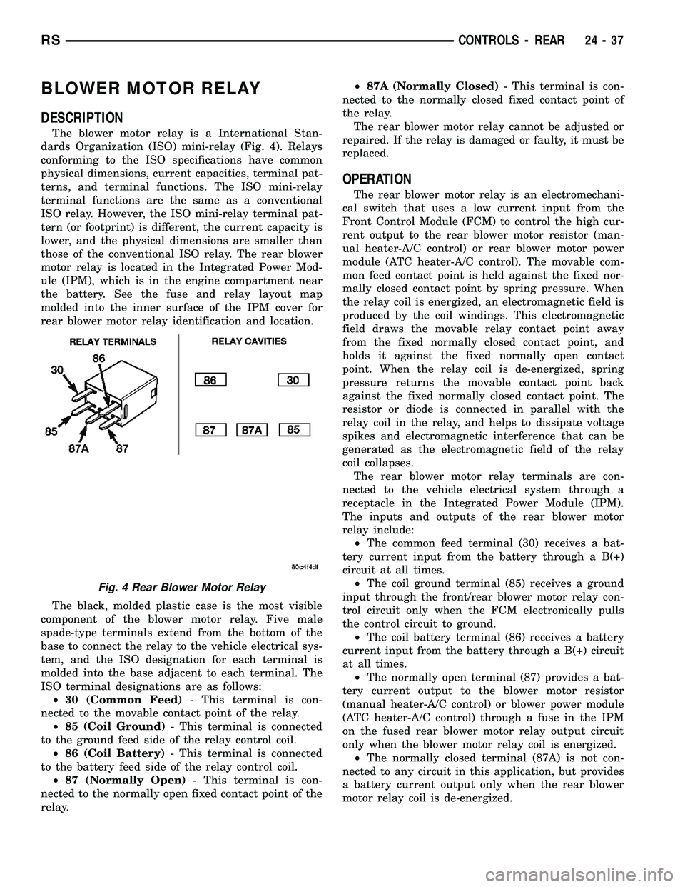 DODGE TOWN AND COUNTRY 2004  Service Manual BLOWER MOTOR RELAY
DESCRIPTION
The blower motor relay is a International Stan-
dards Organization (ISO) mini-relay (Fig. 4). Relays
conforming to the ISO specifications have common
physical dimensions