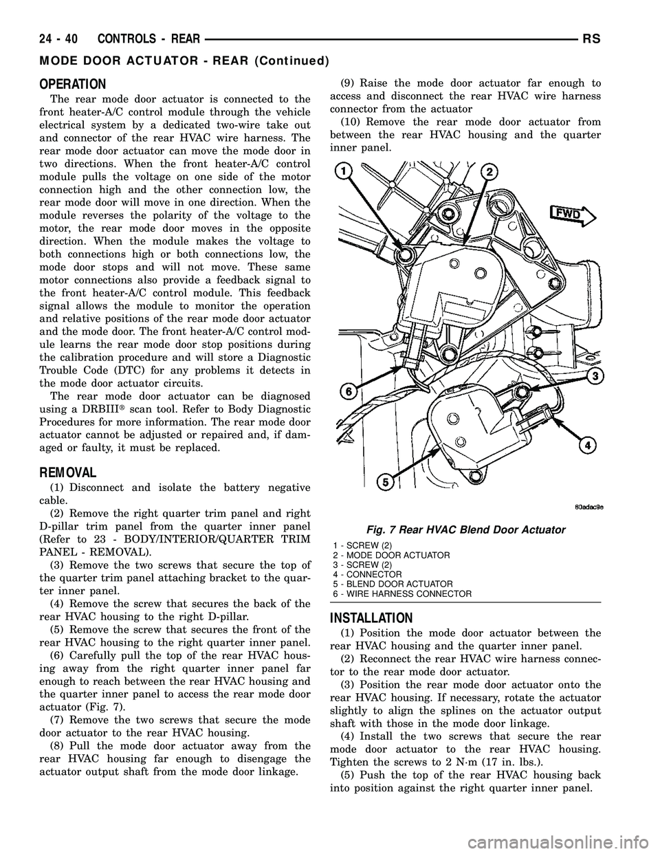 DODGE TOWN AND COUNTRY 2004  Service Manual OPERATION
The rear mode door actuator is connected to the
front heater-A/C control module through the vehicle
electrical system by a dedicated two-wire take out
and connector of the rear HVAC wire har