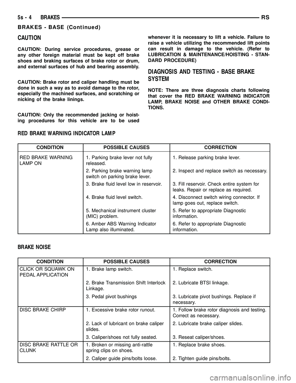 DODGE TOWN AND COUNTRY 2004 Service Manual CAUTION
CAUTION: During service procedures, grease or
any other foreign material must be kept off brake
shoes and braking surfaces of brake rotor or drum,
and external surfaces of hub and bearing asse DODGE TOWN AND COUNTRY 2004 Service Manual CAUTION
CAUTION: During service procedures, grease or
any other foreign material must be kept off brake
shoes and braking surfaces of brake rotor or drum,
and external surfaces of hub and bearing asse