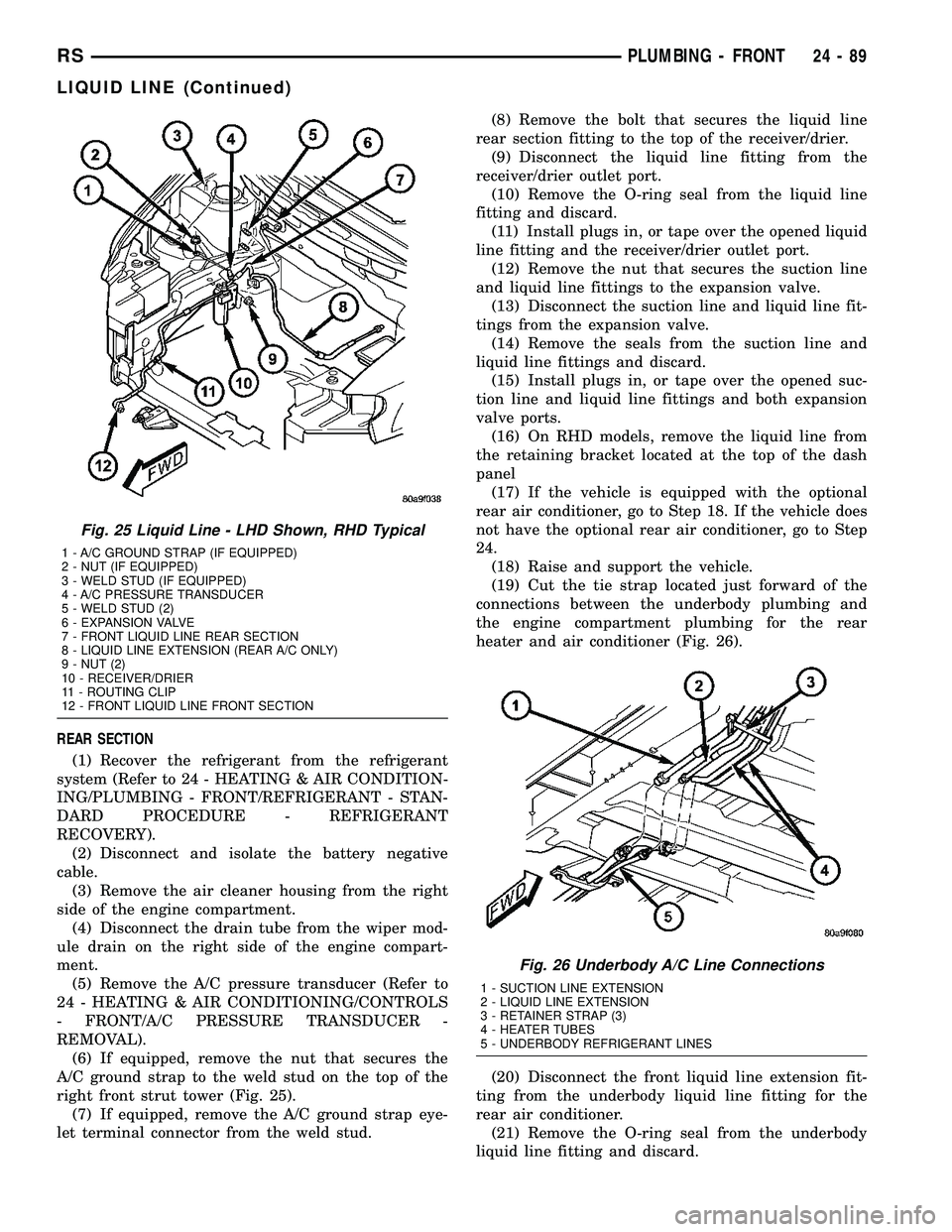 DODGE TOWN AND COUNTRY 2004  Service Manual REAR SECTION
(1) Recover the refrigerant from the refrigerant
system (Refer to 24 - HEATING & AIR CONDITION-
ING/PLUMBING - FRONT/REFRIGERANT - STAN-
DARD PROCEDURE - REFRIGERANT
RECOVERY).
(2) Discon