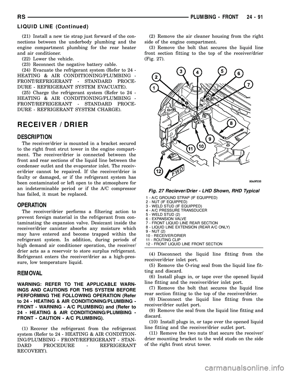 DODGE TOWN AND COUNTRY 2004  Service Manual (21) Install a new tie strap just forward of the con-
nections between the underbody plumbing and the
engine compartment plumbing for the rear heater
and air conditioner.
(22) Lower the vehicle.
(23) 