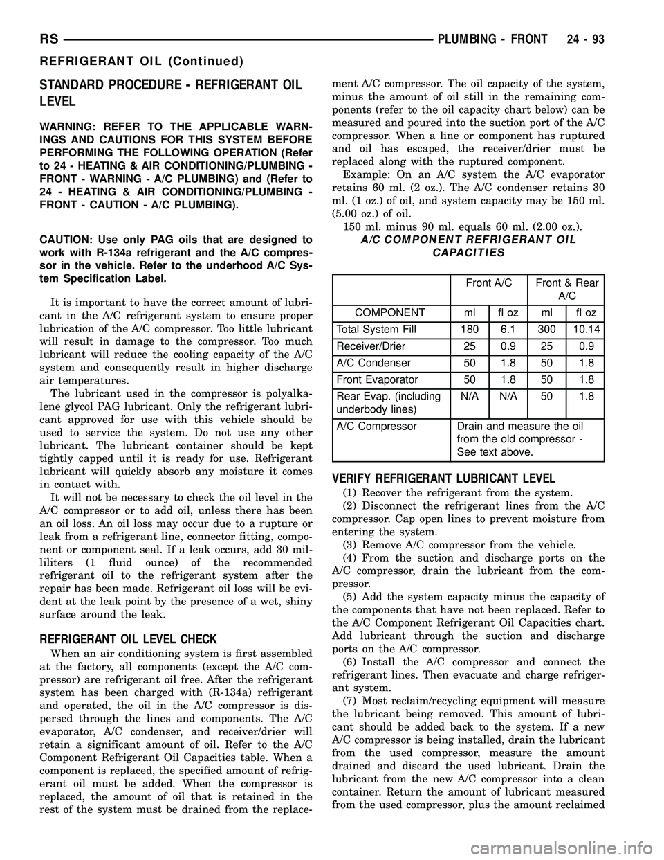 DODGE TOWN AND COUNTRY 2004  Service Manual STANDARD PROCEDURE - REFRIGERANT OIL
LEVEL
WARNING: REFER TO THE APPLICABLE WARN-
INGS AND CAUTIONS FOR THIS SYSTEM BEFORE
PERFORMING THE FOLLOWING OPERATION (Refer
to 24 - HEATING & AIR CONDITIONING/