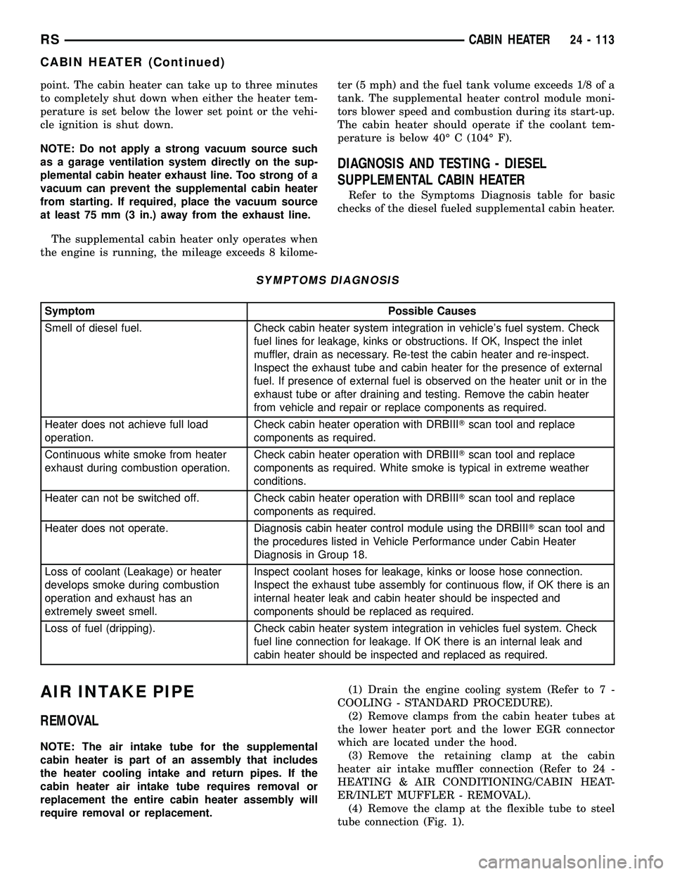 DODGE TOWN AND COUNTRY 2004  Service Manual point. The cabin heater can take up to three minutes
to completely shut down when either the heater tem-
perature is set below the lower set point or the vehi-
cle ignition is shut down.
NOTE: Do not 