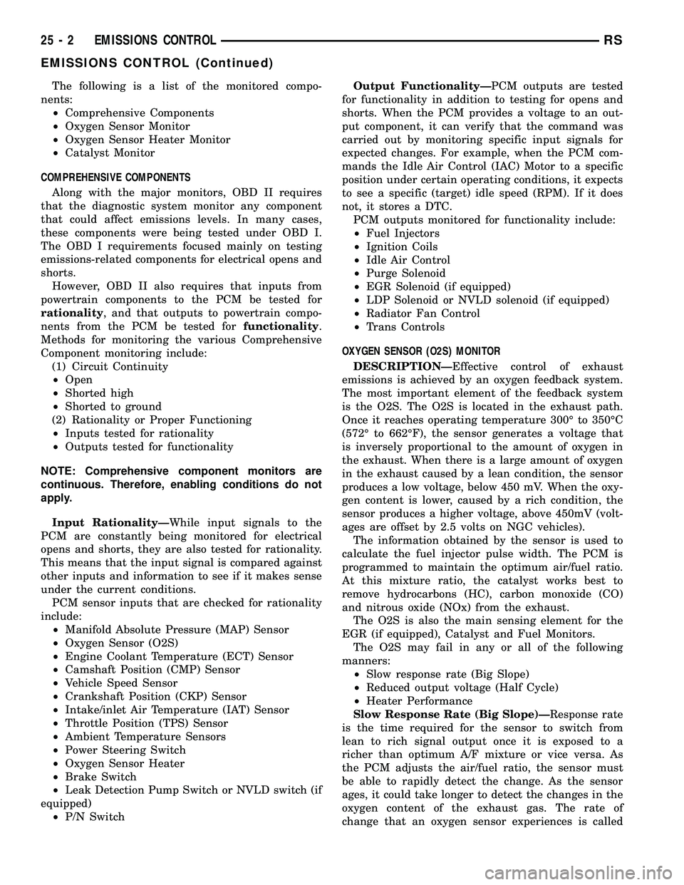 DODGE TOWN AND COUNTRY 2004 Service Manual The following is a list of the monitored compo-
nents:
²Comprehensive Components
²Oxygen Sensor Monitor
²Oxygen Sensor Heater Monitor
²Catalyst Monitor
COMPREHENSIVE COMPONENTS
Along with the majo DODGE TOWN AND COUNTRY 2004 Service Manual The following is a list of the monitored compo-
nents:
²Comprehensive Components
²Oxygen Sensor Monitor
²Oxygen Sensor Heater Monitor
²Catalyst Monitor
COMPREHENSIVE COMPONENTS
Along with the majo