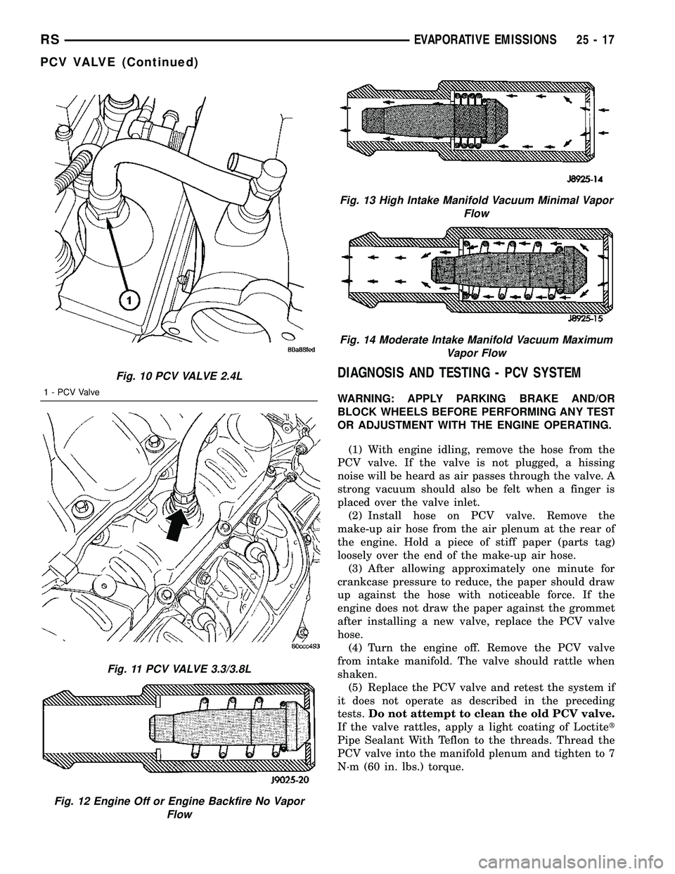 DODGE TOWN AND COUNTRY 2004  Service Manual DIAGNOSIS AND TESTING - PCV SYSTEM
WARNING: APPLY PARKING BRAKE AND/OR
BLOCK WHEELS BEFORE PERFORMING ANY TEST
OR ADJUSTMENT WITH THE ENGINE OPERATING.
(1) With engine idling, remove the hose from the